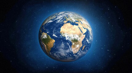 Fototapeta premium Earth seen from space during the day, displaying detailed continents, oceans, and clouds against a dark space backdrop, emphasizing geography..