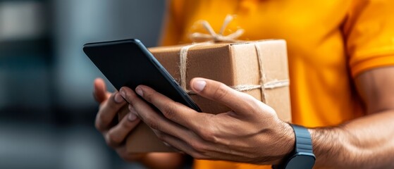  A tight shot of an individual's hand cradling a cell phone Nearby, a small parcel is wrapped in brown paper and resting atop a brown box