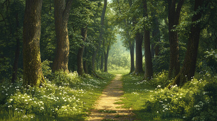 Fototapeta premium A tranquil forest path lined with wildflowers, inviting visitors to take a leisurely stroll.