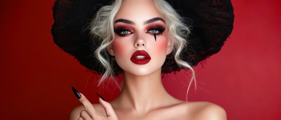 Obraz premium A woman in black hat, white hair; index finger raised against red backdrop