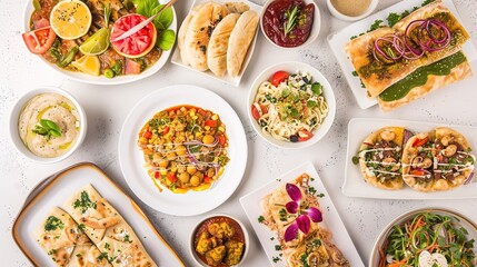 Assortment of healthy food dishes. Top view. Free space for your text.