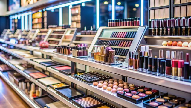 Attractive display of various cosmetic and makeup products on shelves in a store, with a blurred background, and a shelf divider in the foreground.
