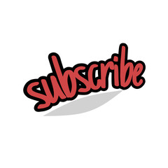 A vector graphic of the word 'subscribe' in bold red text with a black outline and shadow effect, designed in a casual style