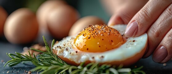  A tight shot of an individual's hand cradling a single egg, with a backdrop of additional eggs