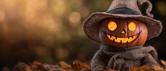 Naklejka premium A scarecrow, wearing a hat adorned with a pumpkin, sits amidst leaves against a vaguely defined backdrop