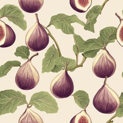 Vintage Fig pattern on vintage beige fabric background, seamless repeating pattern, textile print style, minimal, Mediterranean fruit design, exotic decor, textiles