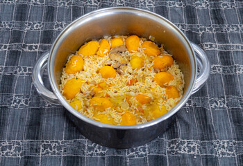 Traditional Brazilian dish chicken with pequi (caryocar brasiliense) and rice