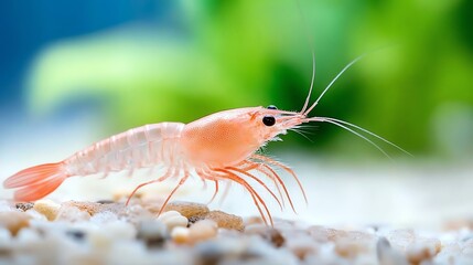 Close-up of a shrimp on sand with aquatic background. Perfect for marine biology, seafood, and underwater themes.