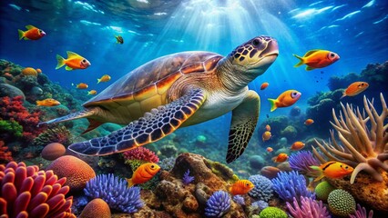 Fototapeta premium Serene underwater scene featuring a gentle sea turtle swimming freely amidst vibrant coral reef, surrounded by schools of small fish and ocean plants.