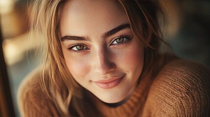 Naklejka premium Radiant Charm: An Intimate Portrait of Natural Beauty and Warmth with Soft Lighting and a Genuine Smile