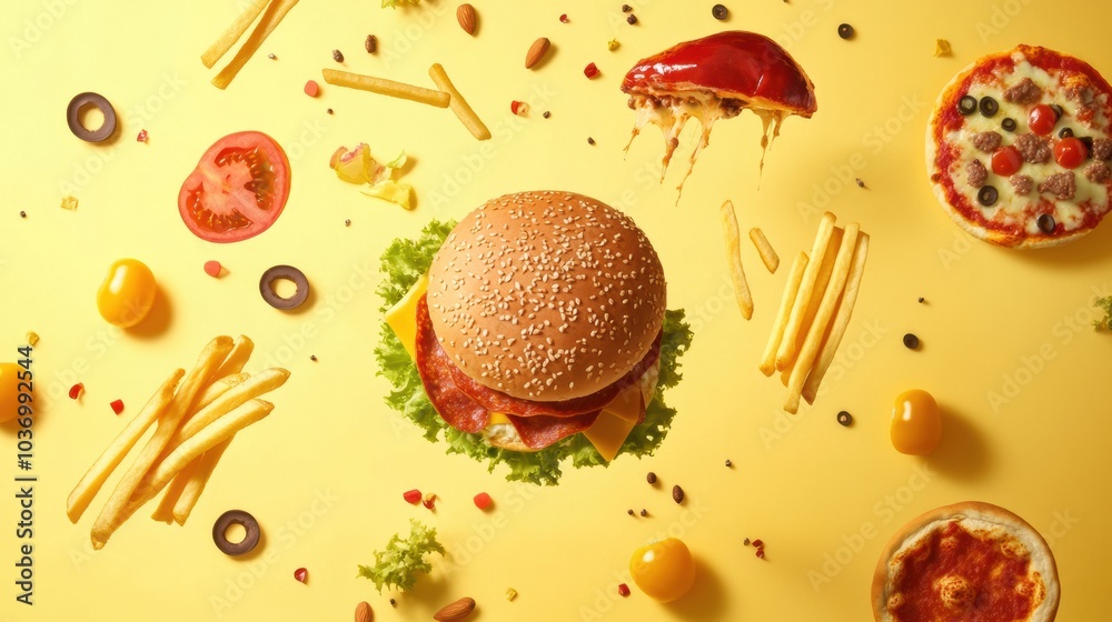 Poster fast food items such as burgers, pizza, and fries are creatively arranged in playful, abstract forms