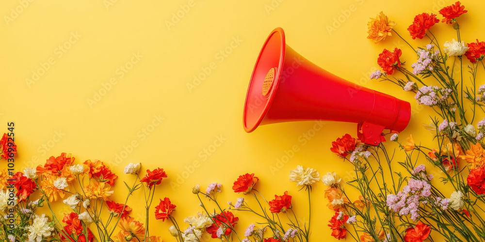 Wall mural a red microphone is placed in front of a yellow background with flowers