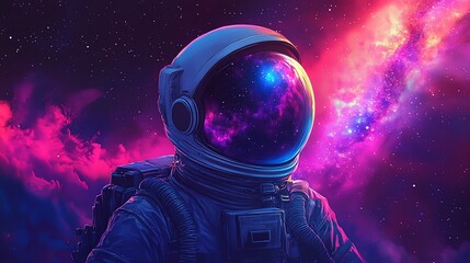 Fototapeta premium An astronaut's helmet reflects a vibrant nebula against a backdrop of a starry night sky.