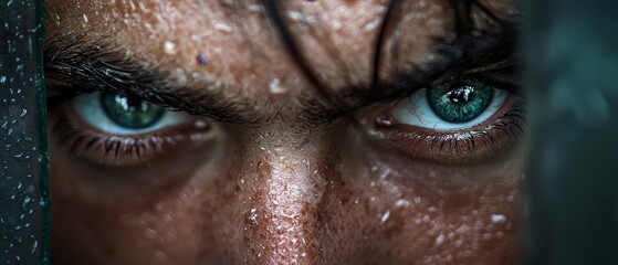  A tight shot of a face, blue eyes gleaming, rain-soaked hair clinging outside