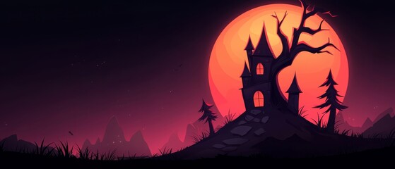  A spooky castle stands in the heart of the forest, silhouetted against the backdrop of a full moon