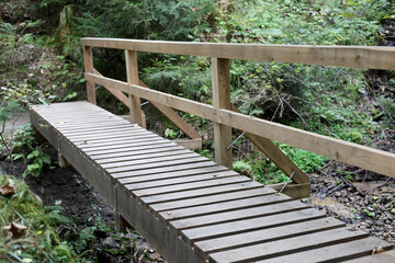 Wooden bridge on the hiking trail from Tatranska Matliare to Tatranska Lomnica in the High Tatras, Slovakia. 