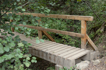 Wooden bridge on the hiking trail from Tatranska Matliare to Tatranska Lomnica in the High Tatras, Slovakia. 