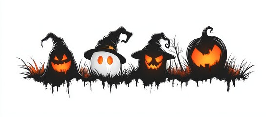 Fototapeta premium A collection of Halloween pumpkins arranged together on a grassy field against a plain white backdrop