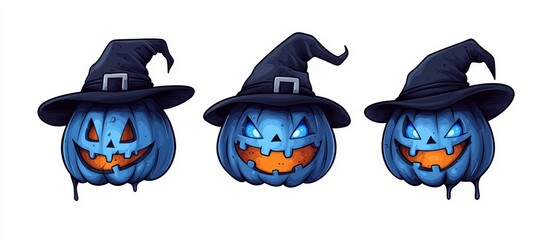  Three pumpkins, each adorned with a witch hat and painted in blues, oranges, and blacks