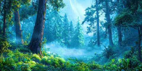 Obraz premium A forest with trees and a foggy sky