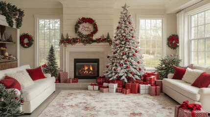 A white christmas tree decorated with red and silver ornaments, surrounded by presents under the fireplace in front of it