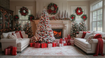 A white christmas tree decorated with red and silver ornaments, surrounded by presents under the fireplace in front of it