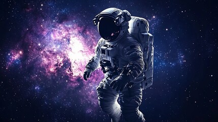 An astronaut walks in space against a backdrop of a nebula.