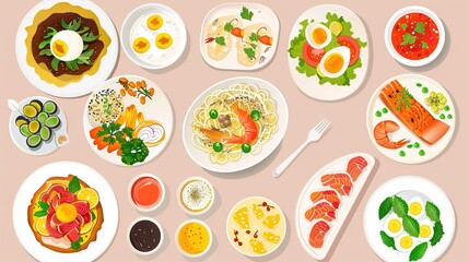 Assortment of healthy food dishes. Top view. Free space for your text.