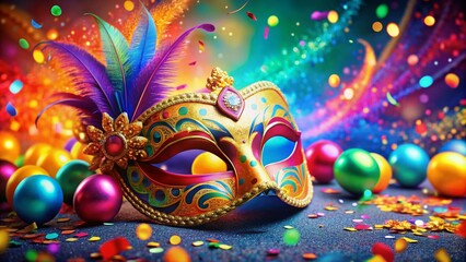 Obraz premium Vibrant carnival mask on bright colored background with confetti and balloons, surrounded by festive decorations, perfect for joyful celebration and party invitations designs.
