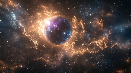 Obraz premium A glowing planet in a nebula with swirling gas clouds and stars in the background.