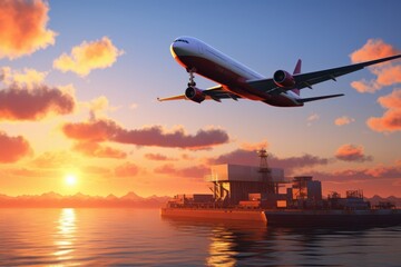 Fototapeta premium Airplane Flying Over a Ship at Sunset