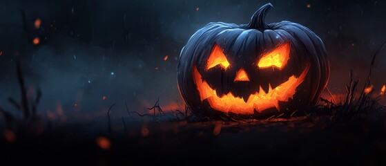  A jack-o-lantern pumpkin gleams in the darkness, its face aglow with light