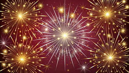 Fototapeta premium Golden Fireworks Bursting Against Red Background