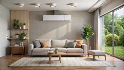 Fototapeta premium Serene atmosphere in a modern home setting: empty room with a neutral wall, an air conditioning unit, and comfortable couch cushions, evoking relaxation and tranquility.