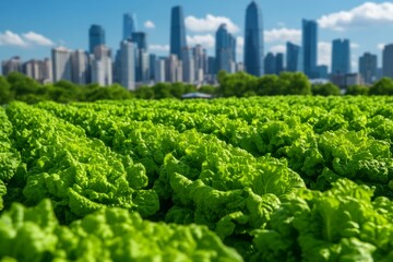 Farming Paradise with Lush Lettuce Fields, Modern Skyline Backdrop, Vibrant Greenery. Generative AI
