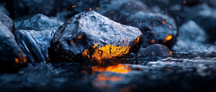  A tight shot of a rock submerged in flowing water, showcasing a distinct yellow mark in its center