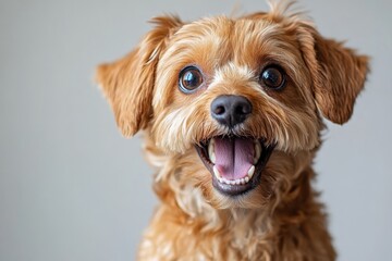 Close up of funny dog with open mouth and surprised expression isolated on white background, detailed photo