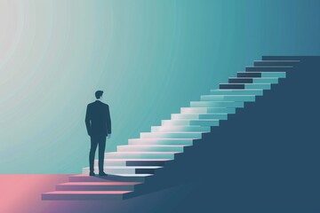 Businessman standing in front of the stairs and looking at them, journey towards success and growth, business start concept. MZ