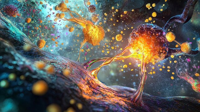 An image of synaptic transmission with neurotransmitters like norepinephrine influencing emotional states