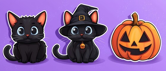  A couple of black cats sit beside each other in front of two jack-o-lanterns