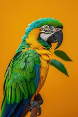 Fototapeta premium Vibrant Green Yellow Parrot Perched on a Branch with Bright Orange Yellow Background.