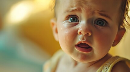 An infant crying, with a close-up of their face expressing distress, illustrating early emotional responses