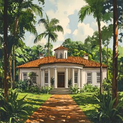 Hand-drawn illustration of a colonial-style house 