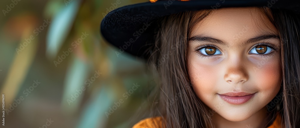 Wall mural  A tight shot of a young girl donning a black hat adorned with a cat on its brim