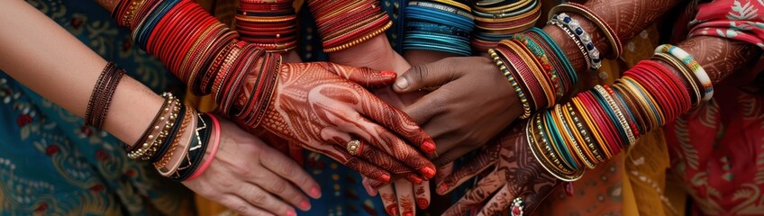 Close-up of Intertwined Hands Adorned with Colorful Bangles and Henna