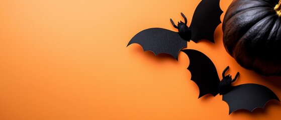 Fototapeta premium A cluster of bats rests beside a pumpkin against an orange backdrop One bat dangles black from the pumpkin's side
