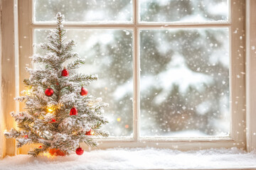 Mini Christmas Tree by Snowy Window 