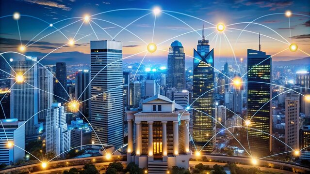 Global network of interconnected banking systems facilitates secure financial transactions, information exchange, 