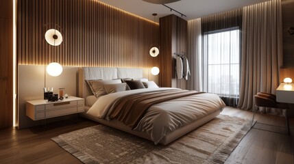 An urban comfort oasis Scandinavian bedroom featuring a double bed with a sleek headboard bedside tables