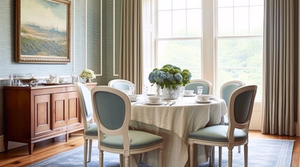 Obraz premium Dining room decor, interior design and house improvement, elegant table with chairs, furniture and classic blue home decor, country cottage style idea